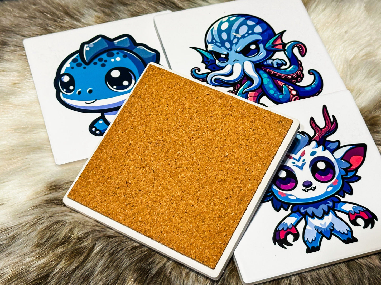 Cute Cryptids Set of 4 Coasters, Dark Academia Coasters, Furniture and decor, Housewarming Gift, Halloween Decor, Mothman, Nessie