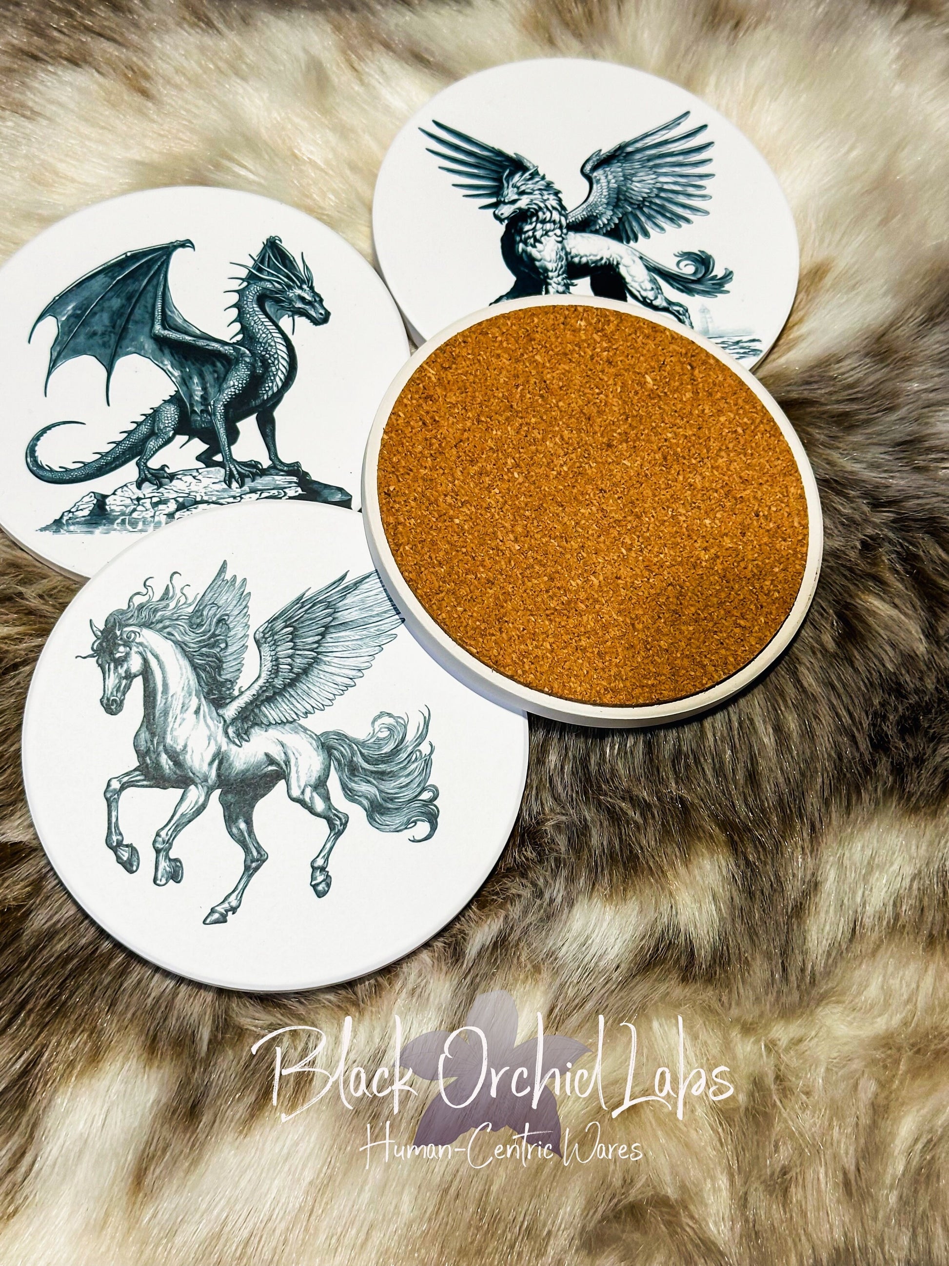 High Fantasy Set of 4 Coasters, Dark Academia Coasters, Furniture and decor, Housewarming Gift, fantasy beasts, dragon, griffon, pheonix