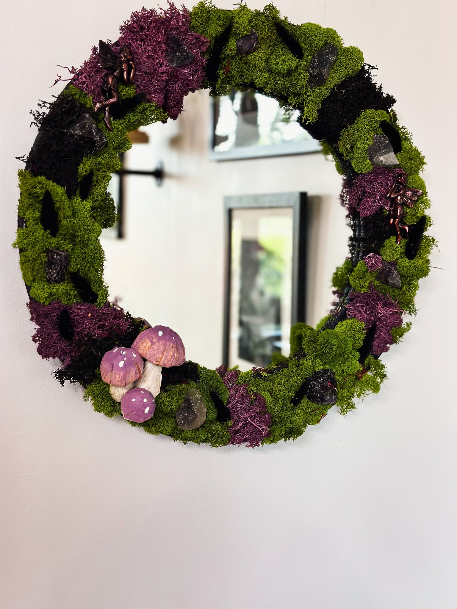 Crystal Fairy Moss Mirror, Cottagecore Decorative Wall Mirror, Rainbow Flourite, Fairies Mirror, Cottagecore, Home Decor