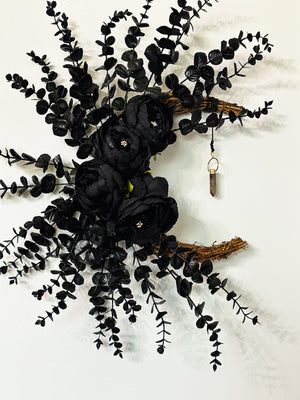 Crystal Moon Wreath, Black Floral Goth Wreath for front door, Wreath for year round, indoor wreath, crystal smoky quartz, cottagecore